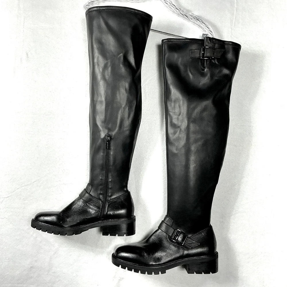 Vince Camuto Size 9.5 WC WIDE CALF Black Over the Knee Moto Lug Boots NEW Abrila